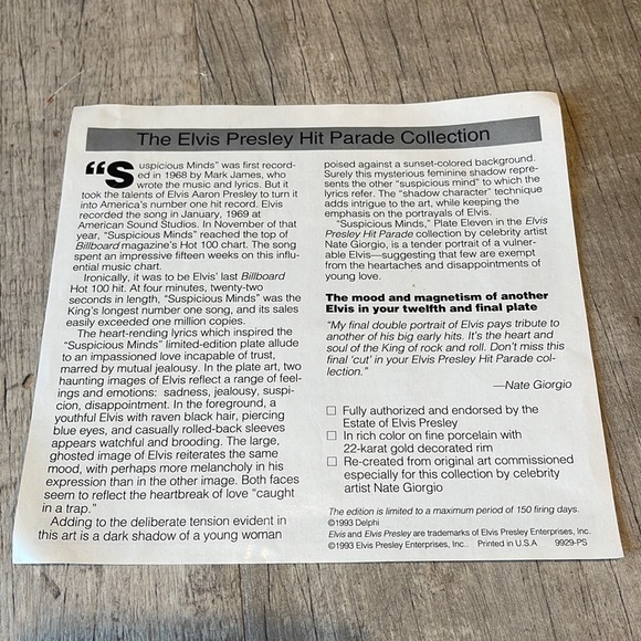 Elvis Presley Suspicious Minds Plate - Picture 8 of 8